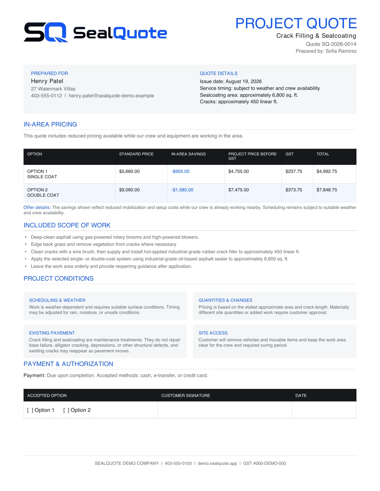Page one of the customer's branded quote: in-area savings table with two coat options, scope of work and signature block