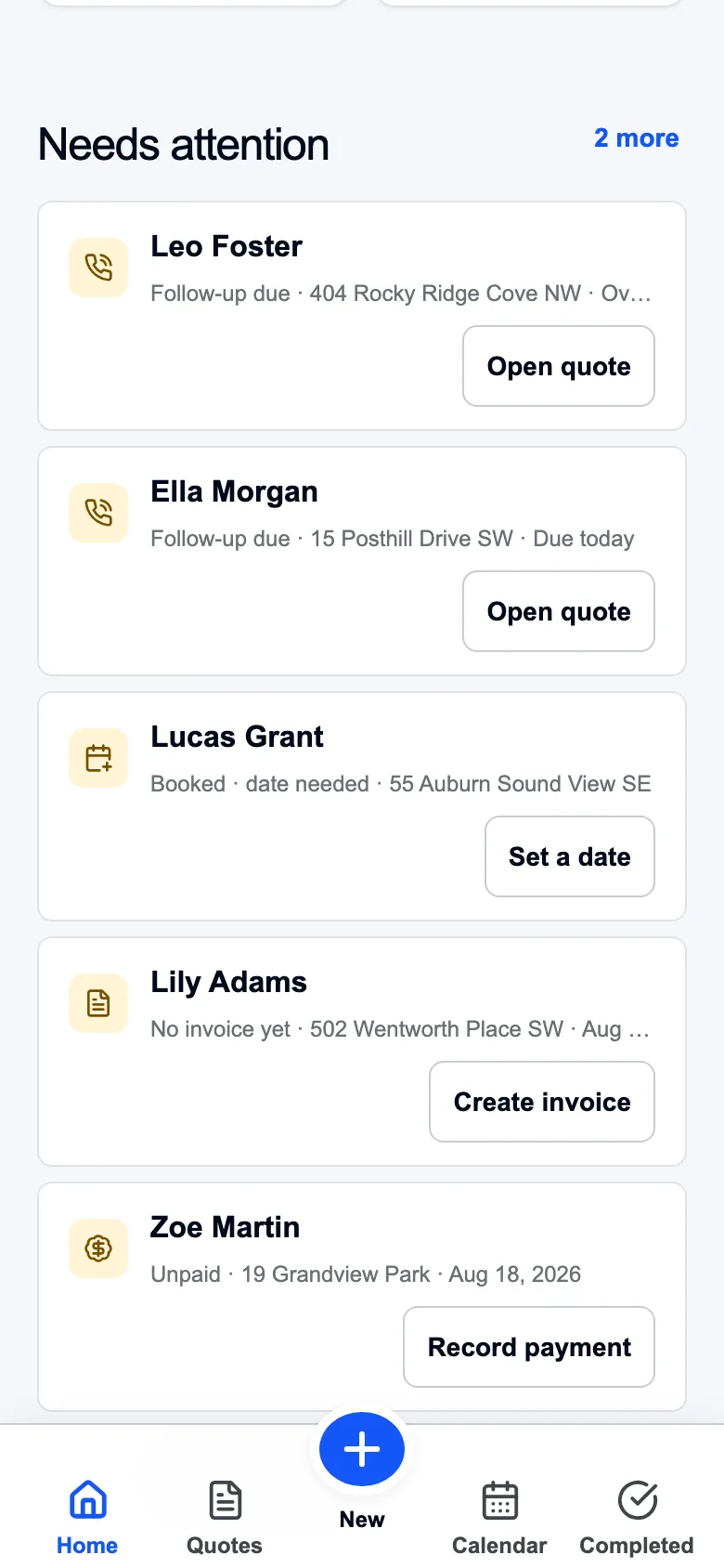 SealQuote needs-attention list: five customers, each with its next action: open quote, set a date, create invoice, record payment
