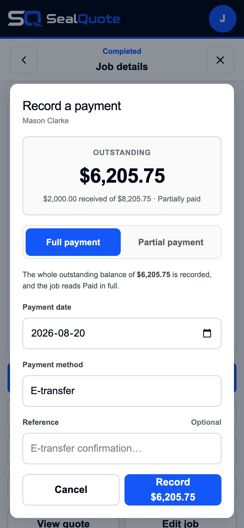 SealQuote payment sheet recording $2,000 against an $8,205.75 invoice, with partial and full payment options