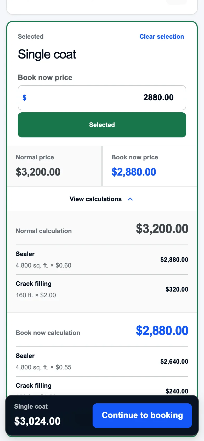 SealQuote pricing screen: single coat selected, normal price $3,200 beside book-now $2,880, with the calculation itemized underneath