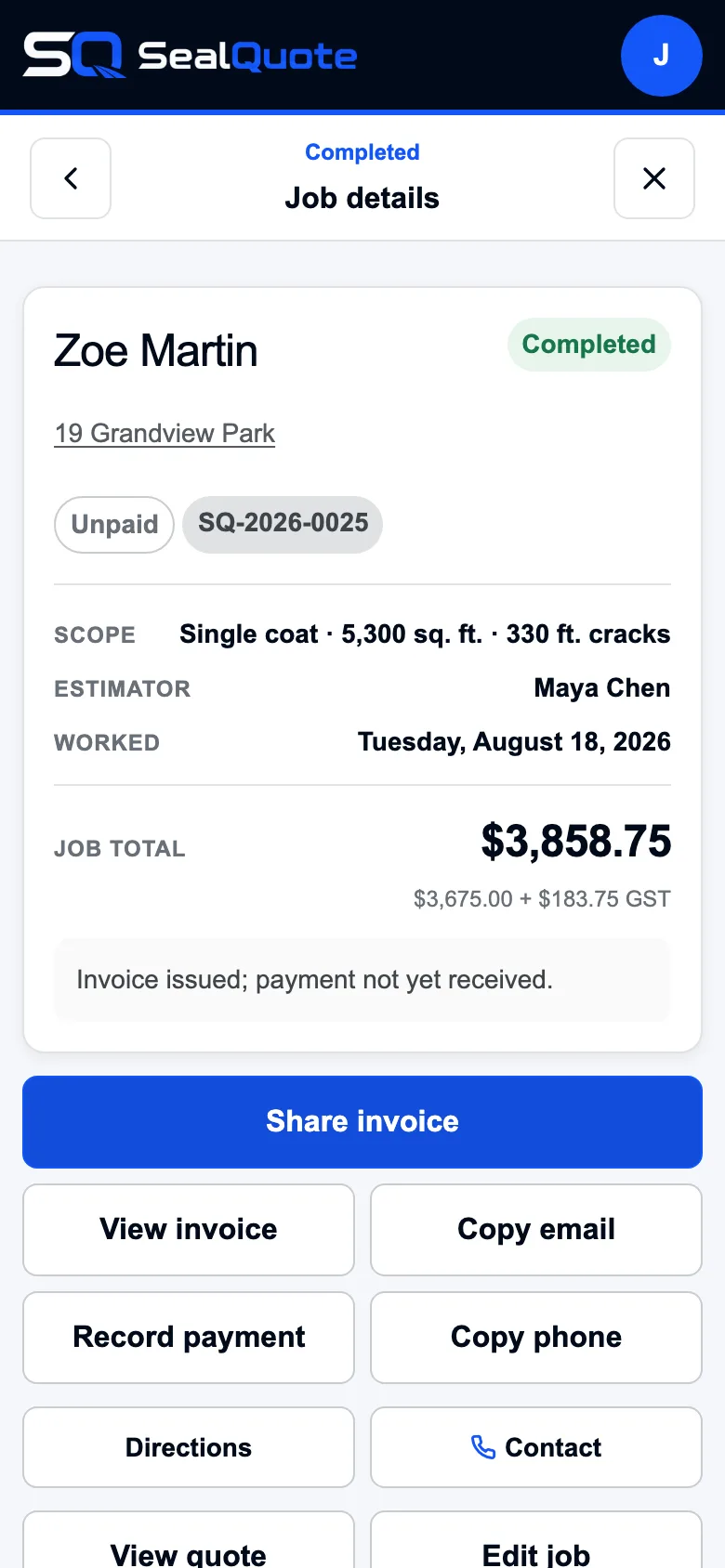 Zoe Martin's completed job in SealQuote: status, scope and total, with the invoice issued and the Share invoice button below