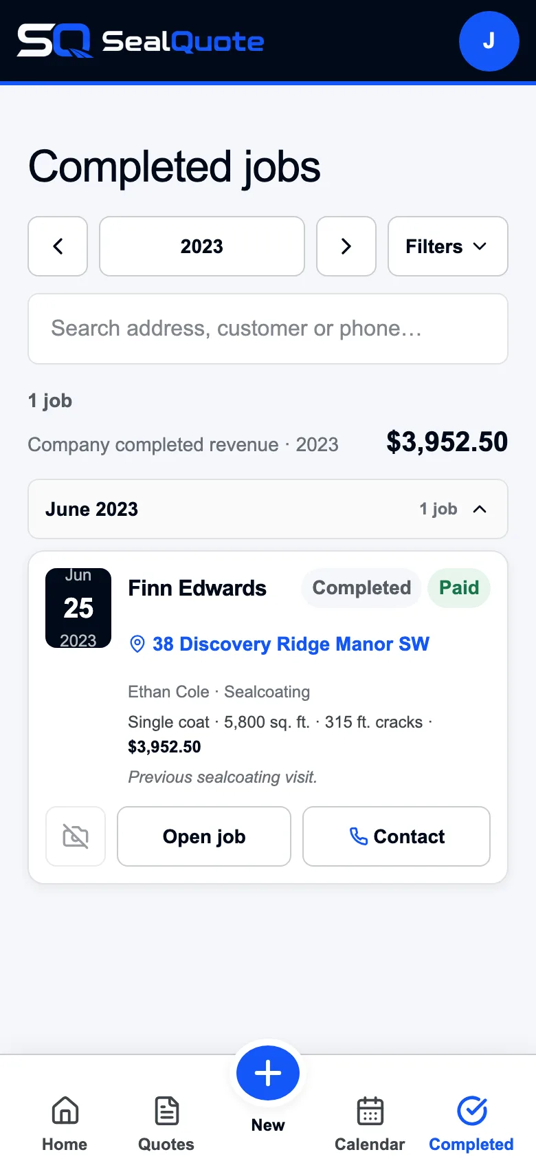 Completed jobs from 2023 in SealQuote: a paid sealcoating job dated June 23, 2023, with the address and measurements on the card